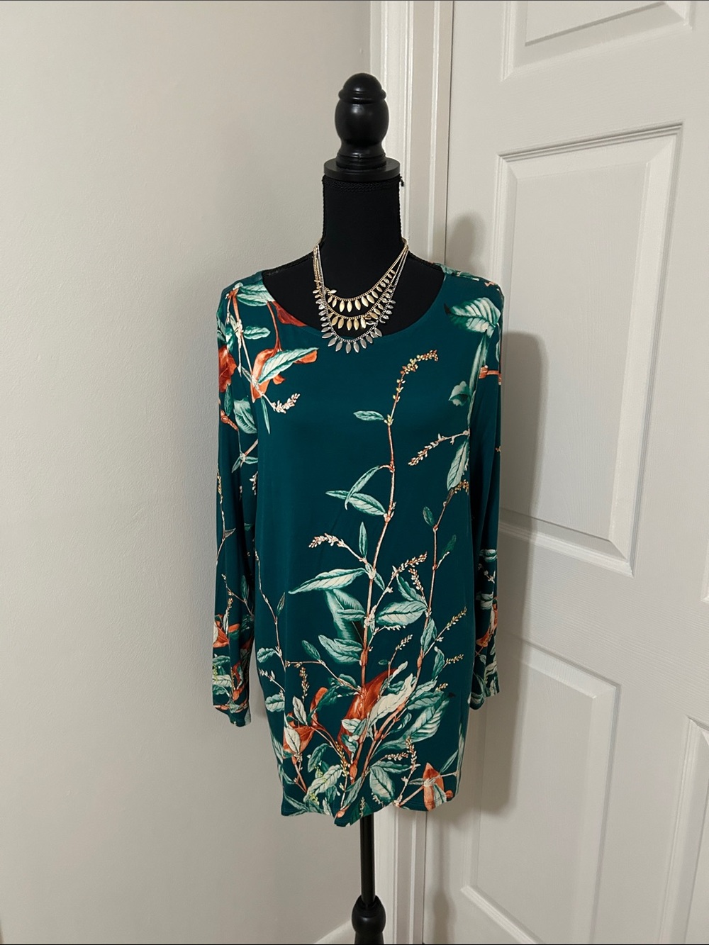 Chico's Teal Floral-Leaf Long Sleeve Tee with Orange Accents
